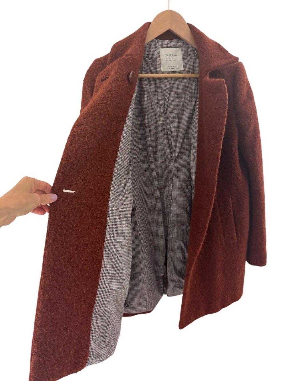 Zara Outerwear Brown Double Breasted Boucle Coat Pockets Size L Jacket Peacoat - Picture 14 of 16